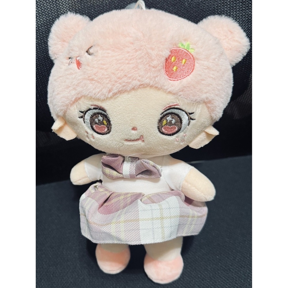 Kawaii Pink Strawberry Bear Girl Plush Doll 8" K-Pop Idol Style Plaid Uniform